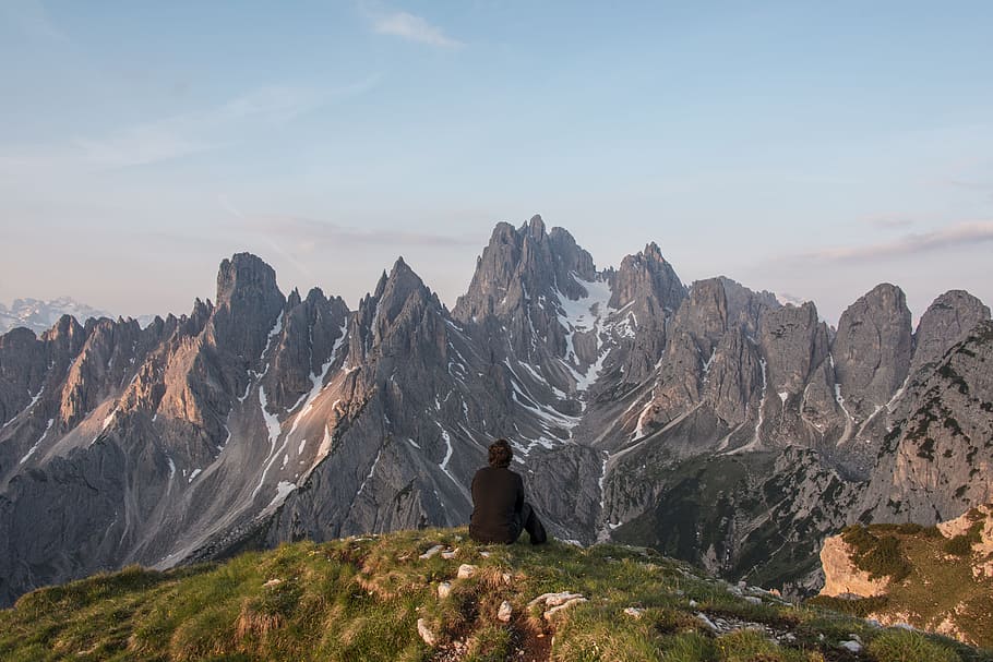 person, sitting, top, mountain, watching, mountain range, alpine, view, range, ridge
