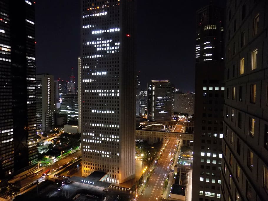 lighted, high-rise, building, shinjuku, tokyo, japan, city scape, city lights, night, skyscraper