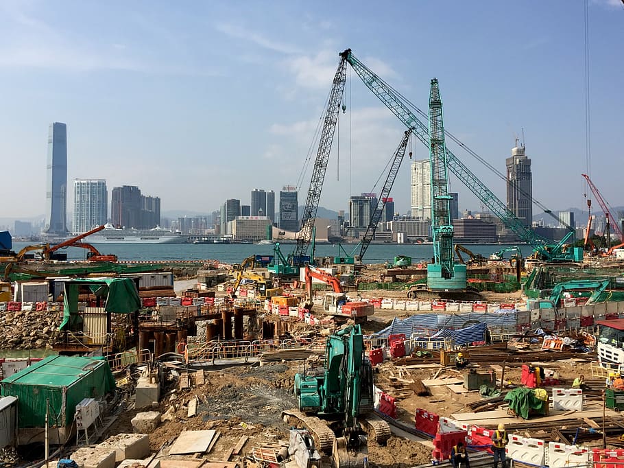 hong kong, obra de construcción, arquitectura, grúa, desarrollo, construcción, puerto, ingeniería, grúa - Maquinaria de construcción, escena urbana