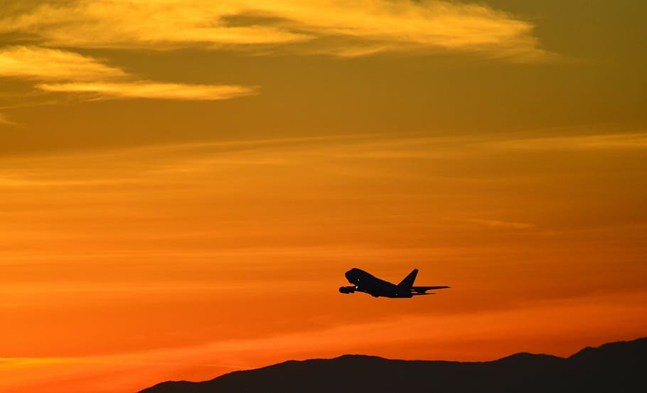 airplane, taking, sunset, silhouette, flying, plane, jet, b747, sky, dusk