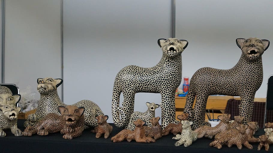 crafts, jaguars, mexico, figures, group of animals, mammal, indoors, leopard, big cat, cat