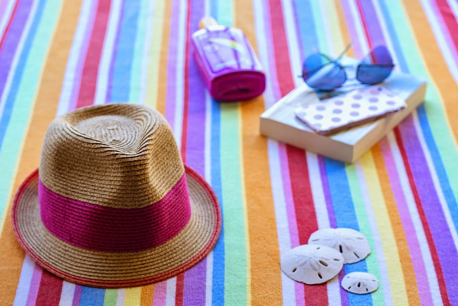 chapéu, óculos de sol, Toalha, vários, praia, livro, livros, feriado, feriados, verão