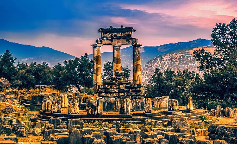 column ruins, surrounded, trees, stone head, Oracle At Delphi, Delphi, Greece, delphi, oracle, greece, monument