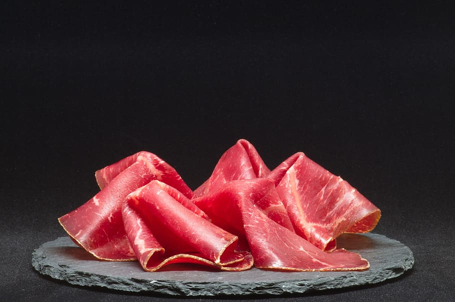 pink textile, Dry Cured Ham, Meat, Plate, Close, Eat, cut, arranged, food, appetizing