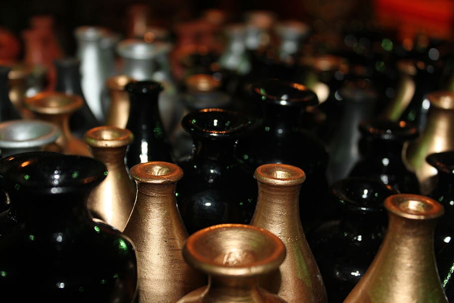 ブラック, ゴールド, ポット, 花瓶, 販売, ショップ, アルコール, ボトル, 飲み物, 食べ物と飲み物