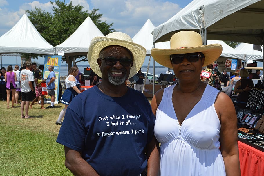 man, woman, standing, canopy tent, african american, people, senior, couple, festival, market