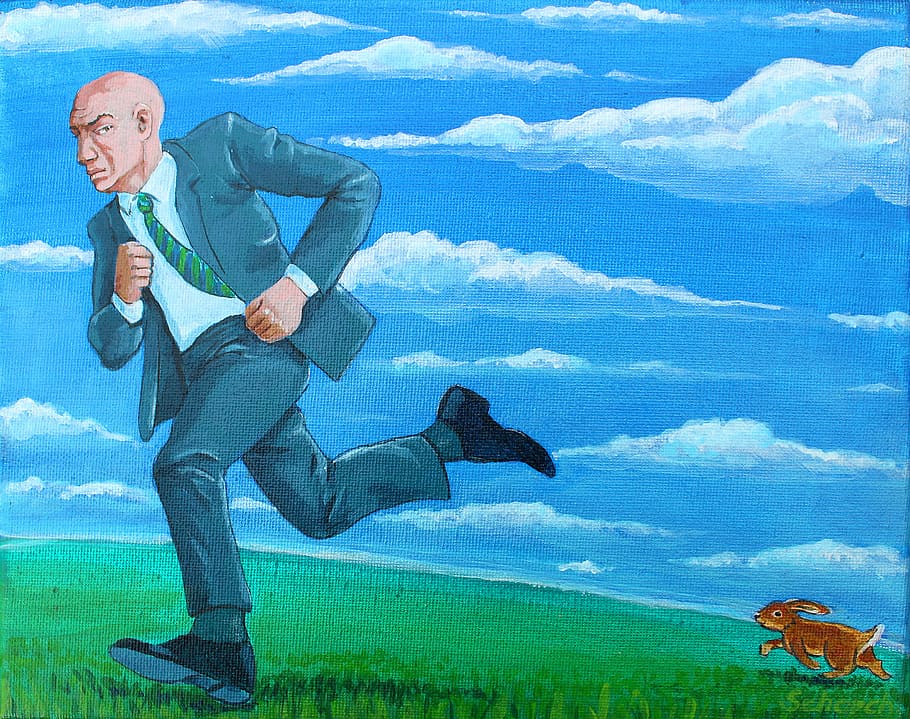 man, wearing, gray, suit jacket painting, painting, run away, escape, fear, risk, human