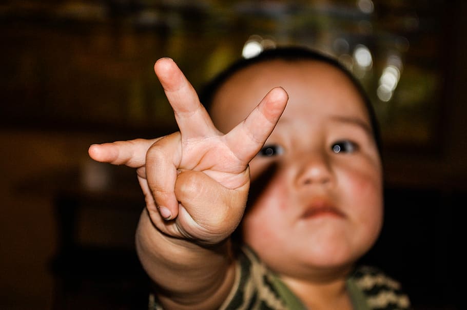 Dedo, Criança, Garoto, pouco, adorável, Crianças aprendendo, contando, três, pré-escola, Mongol