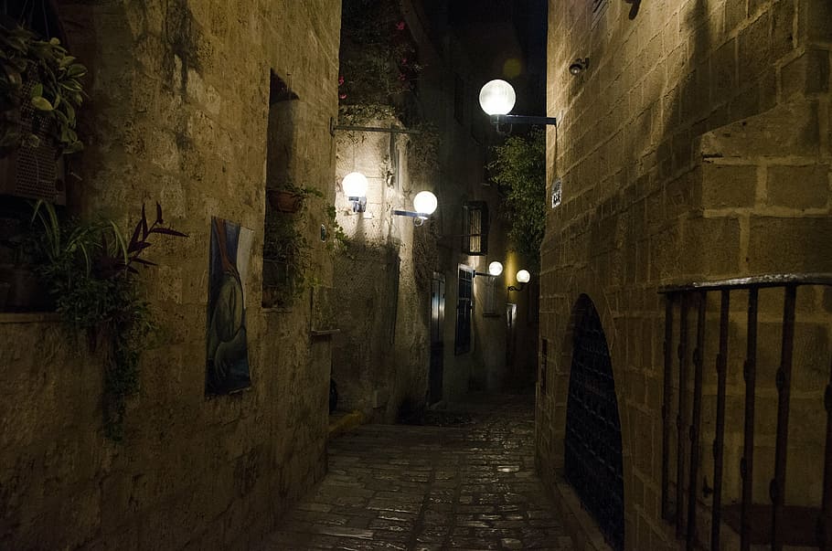 lighted, wall lamps, hallway, jaffa, night, israel, architecture, street, dark, alley