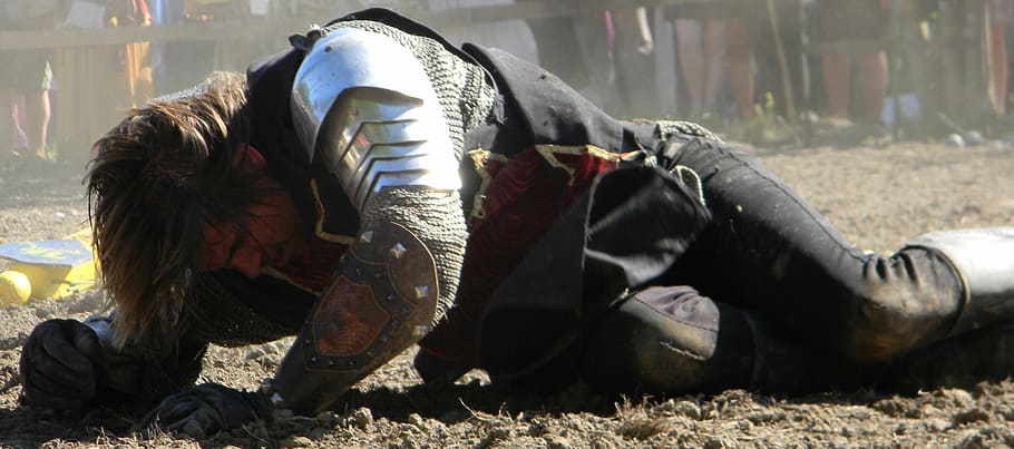 man, armor, floor, knight, beaten, medieval, battle, ancient, metal, middle ages