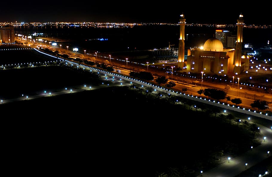 aérea, vista, construção de cúpula, nighttime, bahrain, grande mesquita, fé, religião, edifícios, arquitetura