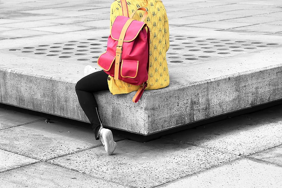 pink, yellow, bag, floor, fashion, travel, woman, girl, female, lady