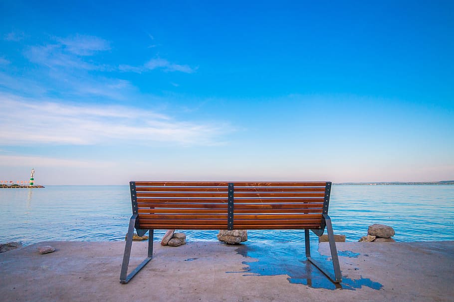 wooden, bench, body, water, sunset, sky, blue, lake, cost, rock