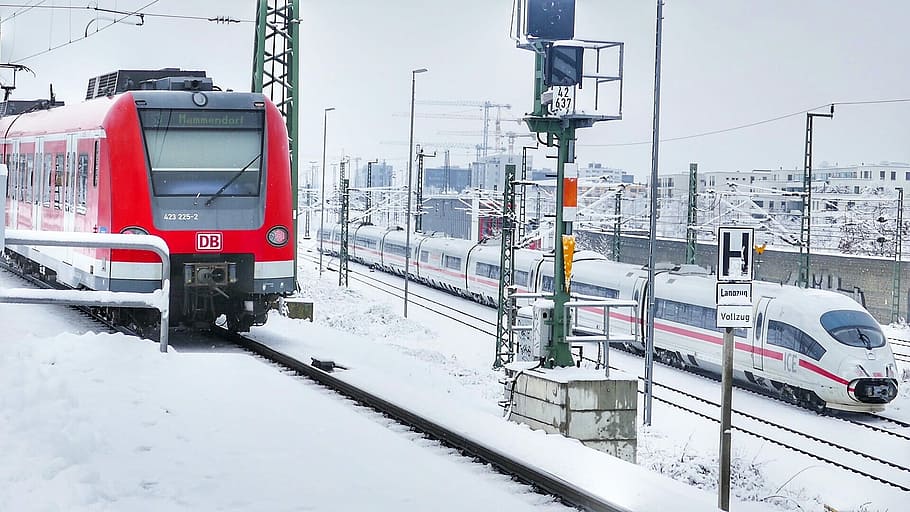 transport system, winter, snow, traffic, horizontal, train, travel, station, railway line, railway