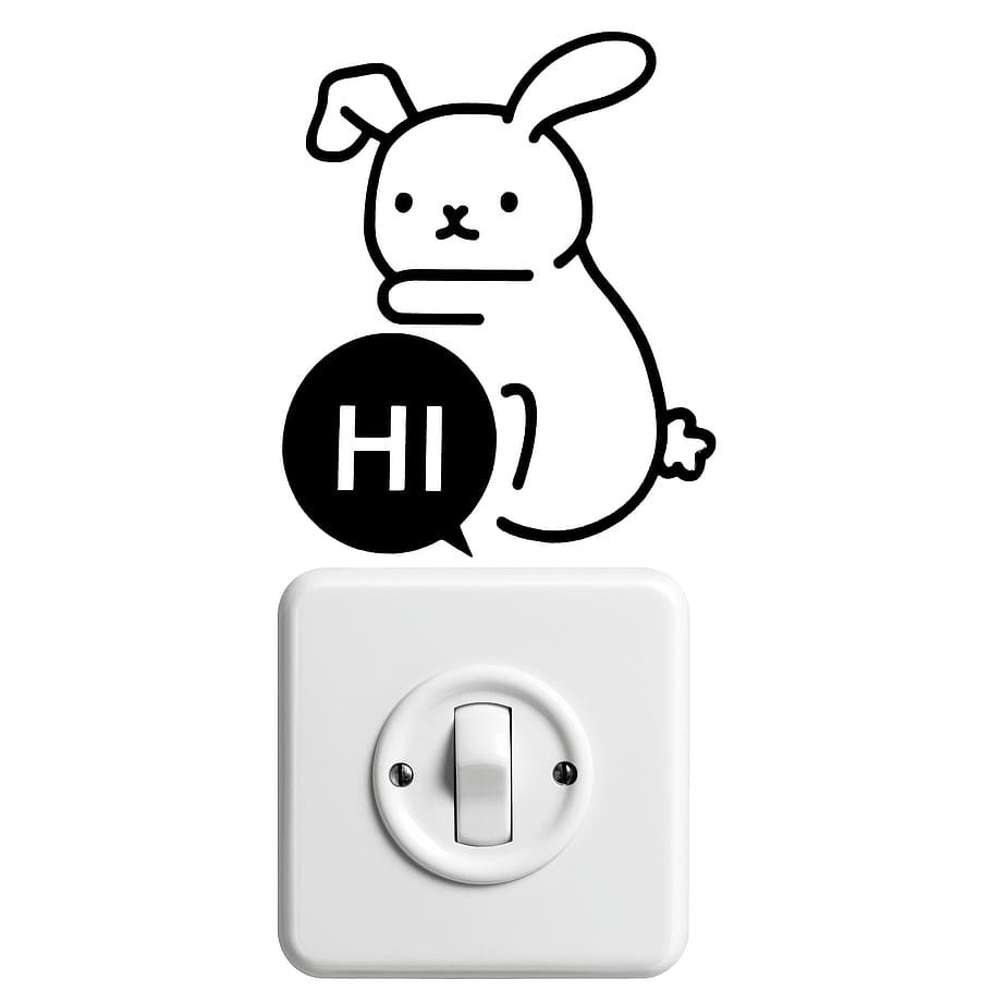 white light switch, sticker, hare, hello, light switch, funny, communication, representation, indoors, white background