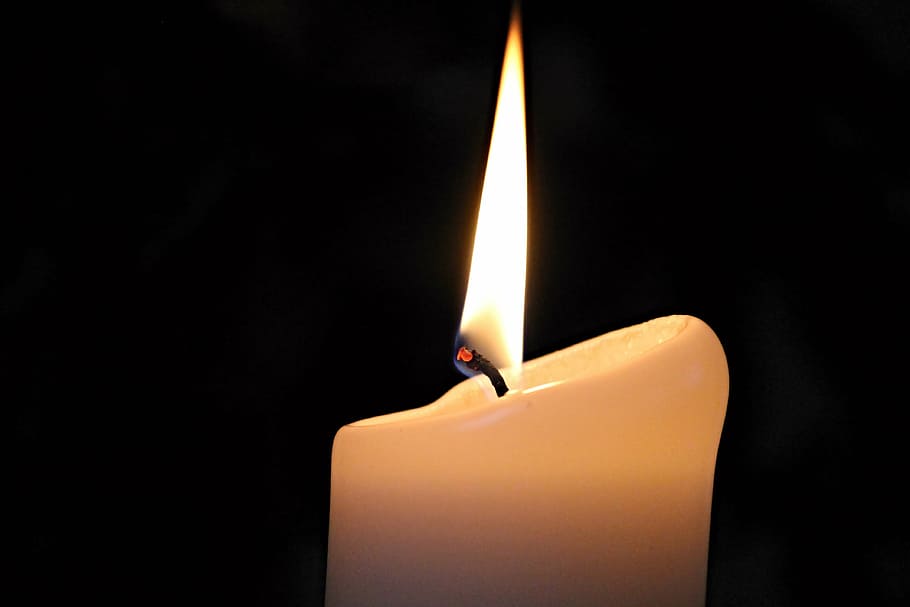 lighted white candle, candle, memorial candle, sacrificial candle, light, commemorate, flame, faith, church, contemplative