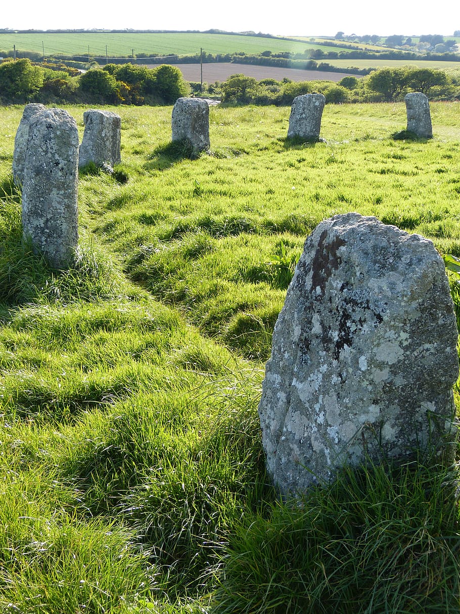stone circle, cornwall, megaliths, place of worship, magic, landscape, plant, grass, green color, rock