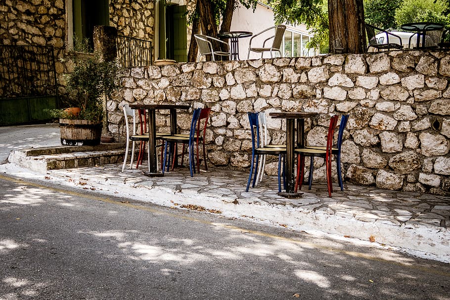 lefkada, greece, island, greek, summer, trip, holiday, tables, chairs, road