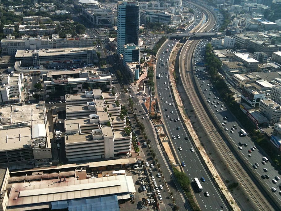 aerial, photography, city, tel aviv, traffic, road, architecture, skyline, cityscape, building