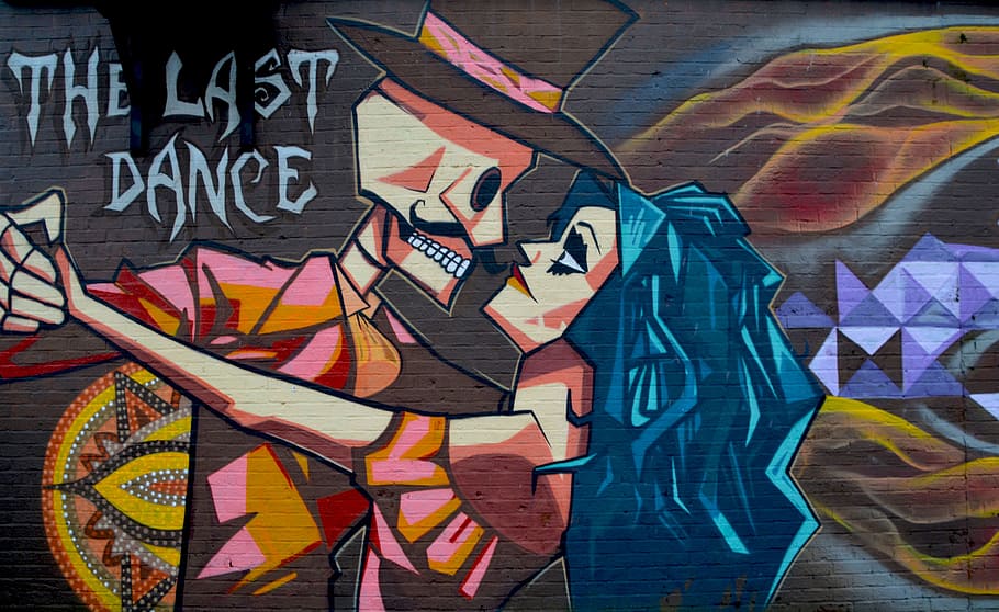 last, dance skeleton, woman dancing painting, street art, graffiti, urban, street, paint, wall, spray
