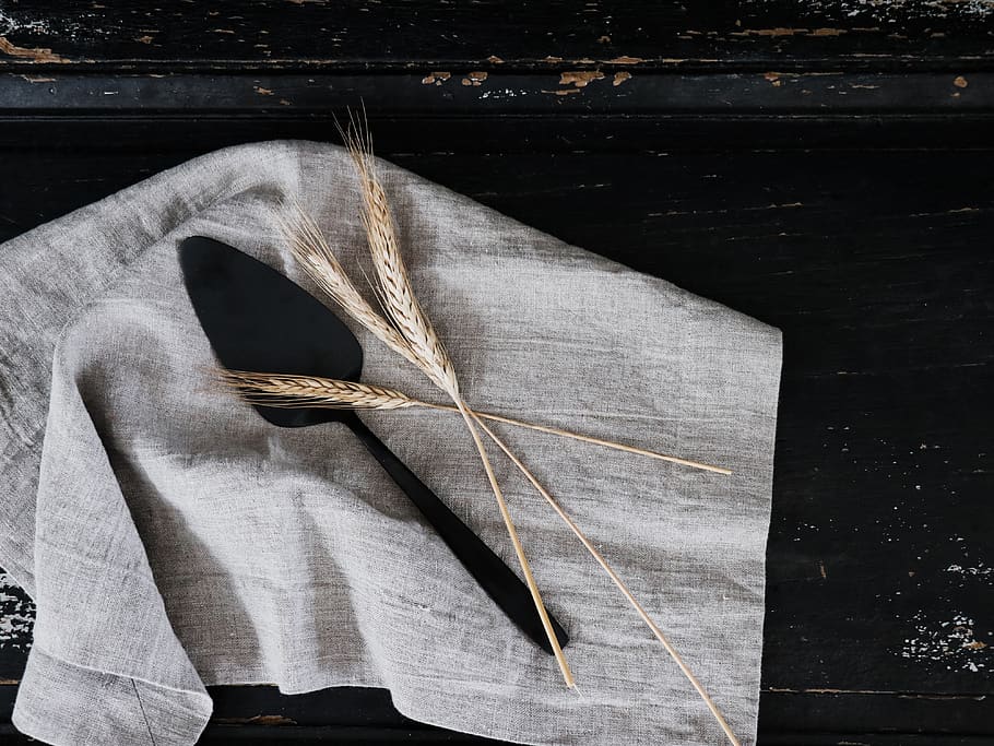 table, wood, nature, wheat, overhead view, napkin, cooking, utensil, linen, texture