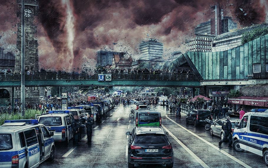 grayscale photo, vehicles, city, transportation, storm, natural disaster, damage, destruction, building, architecture