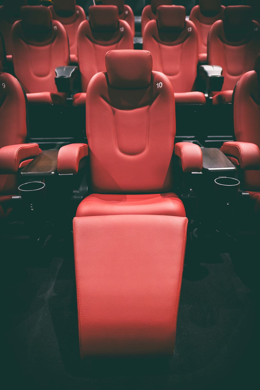 cine, teatro, sentarse, silla, acogedor, película, asiento, vacío, en una fila, ausencia