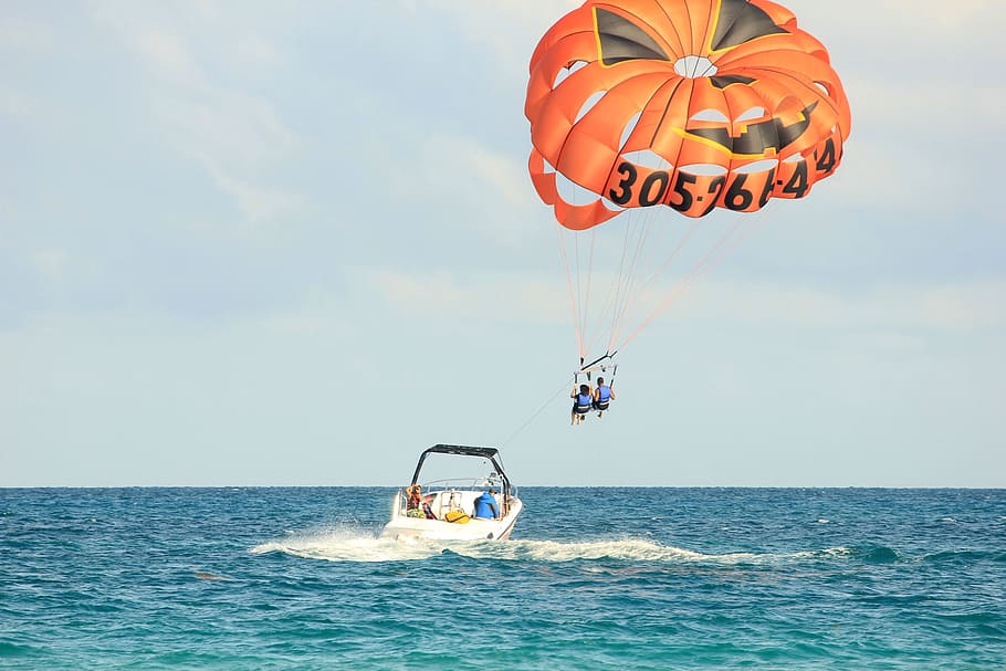 two, person, riding, parachute, flight, body, water, parasailing, water sports, usa