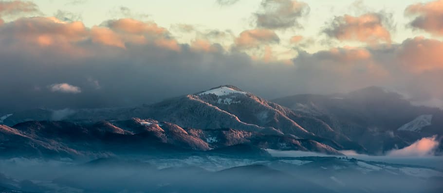 mountain, covered, snow, cloudy, sky, nature, landscape, clouds, travel, adventure