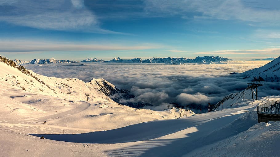 snow coated mountain, panorama, morning, clouds, winter, alpine, snow, panoramic image, nature, skiing