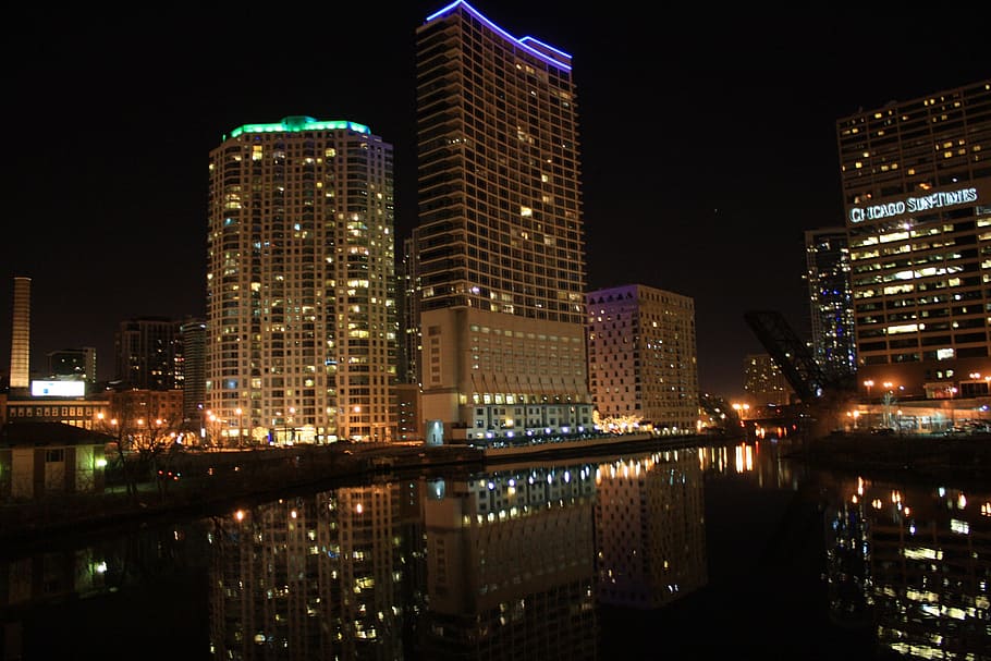 Chicago, rio, Visão noturna, Luzes, arquitetura, edifícios, água, reflexões, noites, centro da cidade