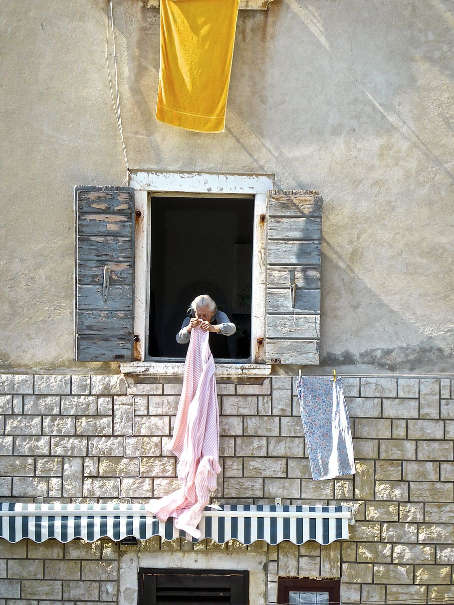 laundry, grandma, hanging, woman, drying, clothesline, domestic, washer, sheet, architecture