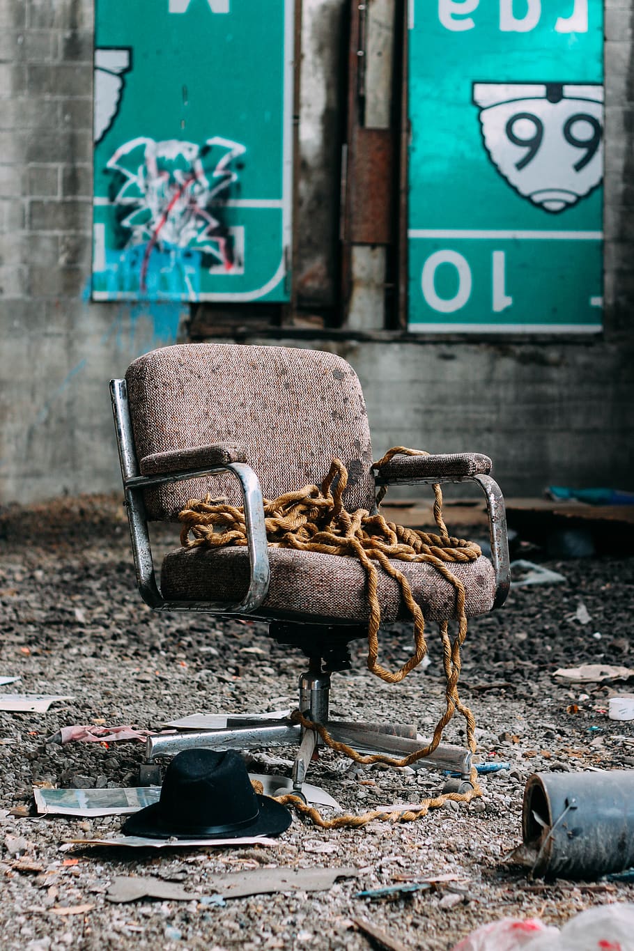 still, items, things, ruined, broken, office, chair, rope, warehouse, soil