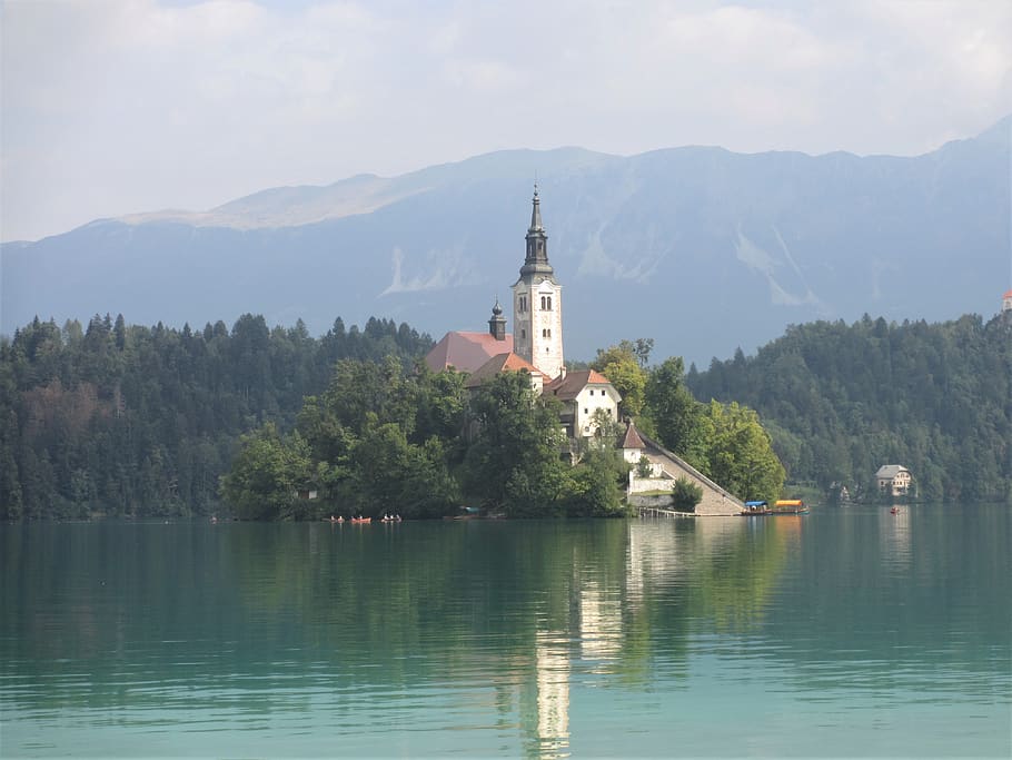 church, slovenia, bled, landscape, island, tourism, water, architecture, building exterior, mountain