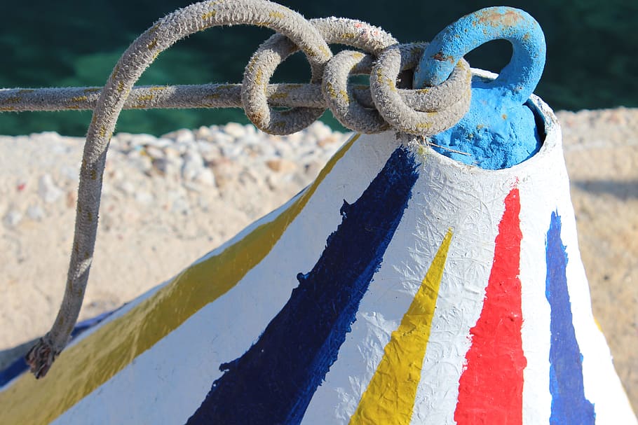 buoy, bright, float, summer, blue, colorful, metal, sunlight, day, close-up