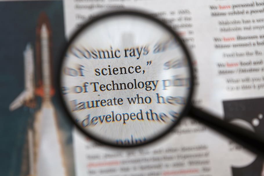 technology word, magnifying, glass, concept, document, focus, letter, looking, magnify, newspaper