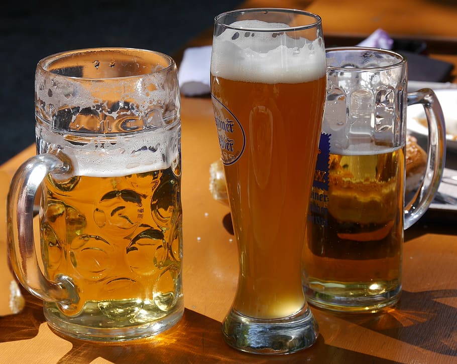 three, glasses, filled, beer, mirdgardhaus, beer garden, hefeweizen, wheat beer, light beer, beer mug
