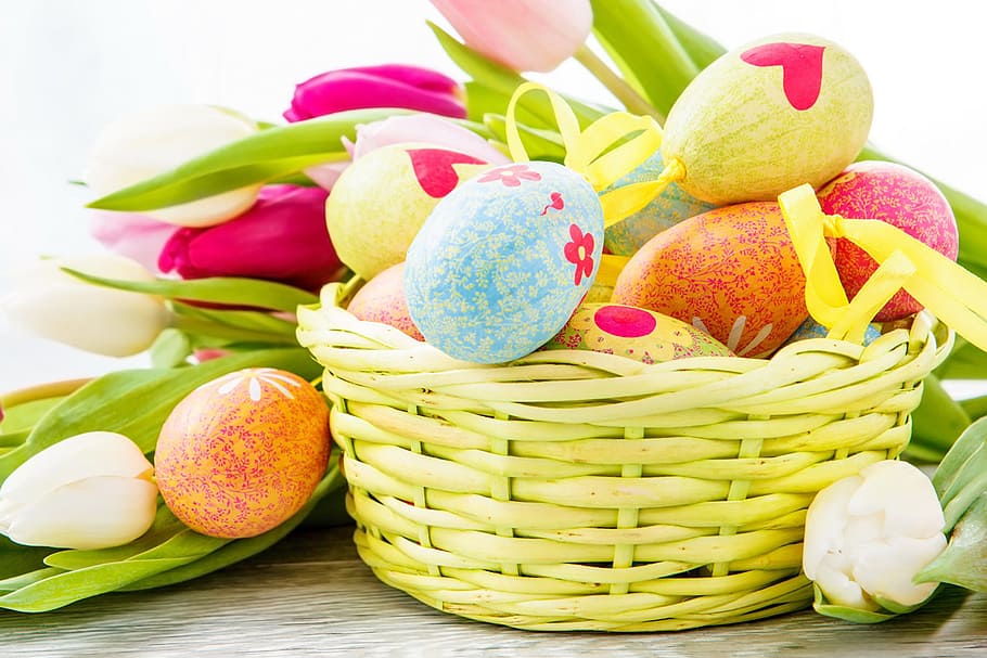 huevos, canasta de Pascua, varios, pascua, pascua Huevo, canasta, primavera, multicolor, celebración, decoración