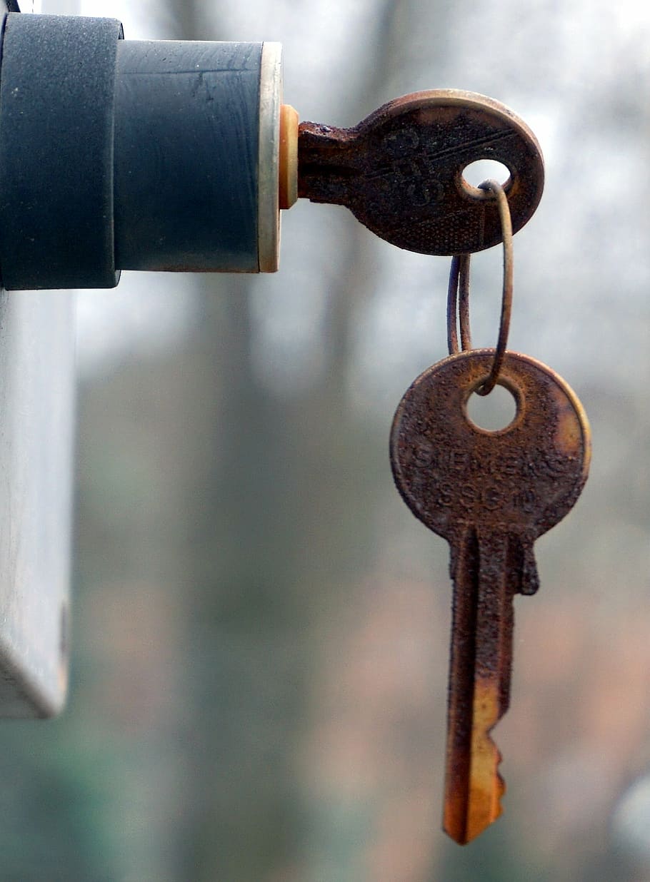 key in lock, key, rusted, metal, old, iron, close, metallic, keychain, close-up