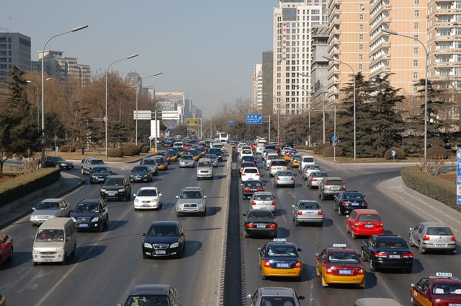 assorted, car lot, asphalt road, Traffic, City, Cars, Beijing, urban, street, transportation