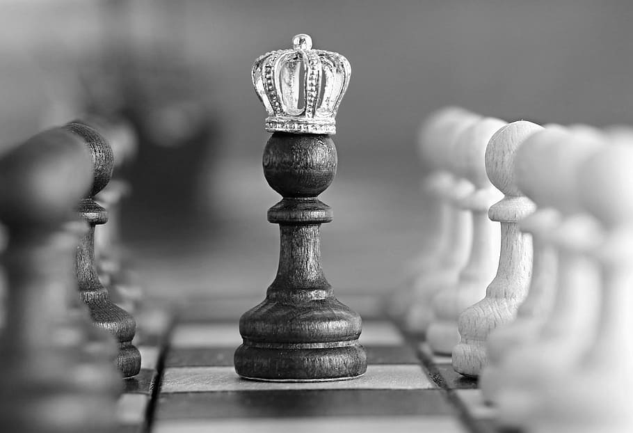 grayscale photography, pawn chess piece, chess, black, king, leisure games, board game, game, strategy, chess piece