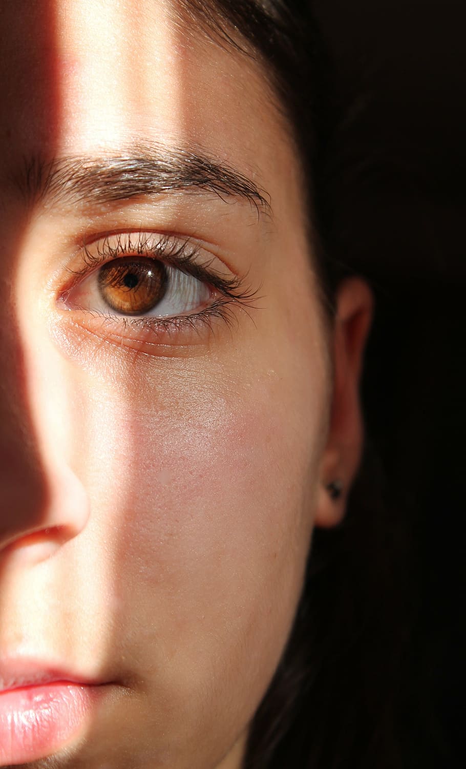woman, half face, eye, shadow, light, face, girl, nose, mouth, people