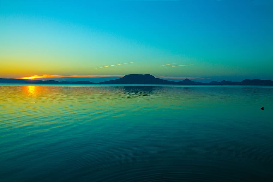 blue, body, water, silhouette mountains, nobody, body of water, sunset, day s, nature, tropic