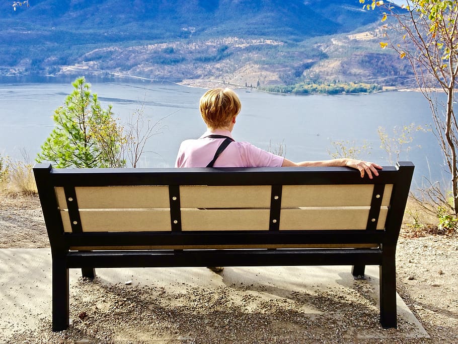 person, sitting, peace, bench, view, tranquility, rear view, real people, one person, leisure activity