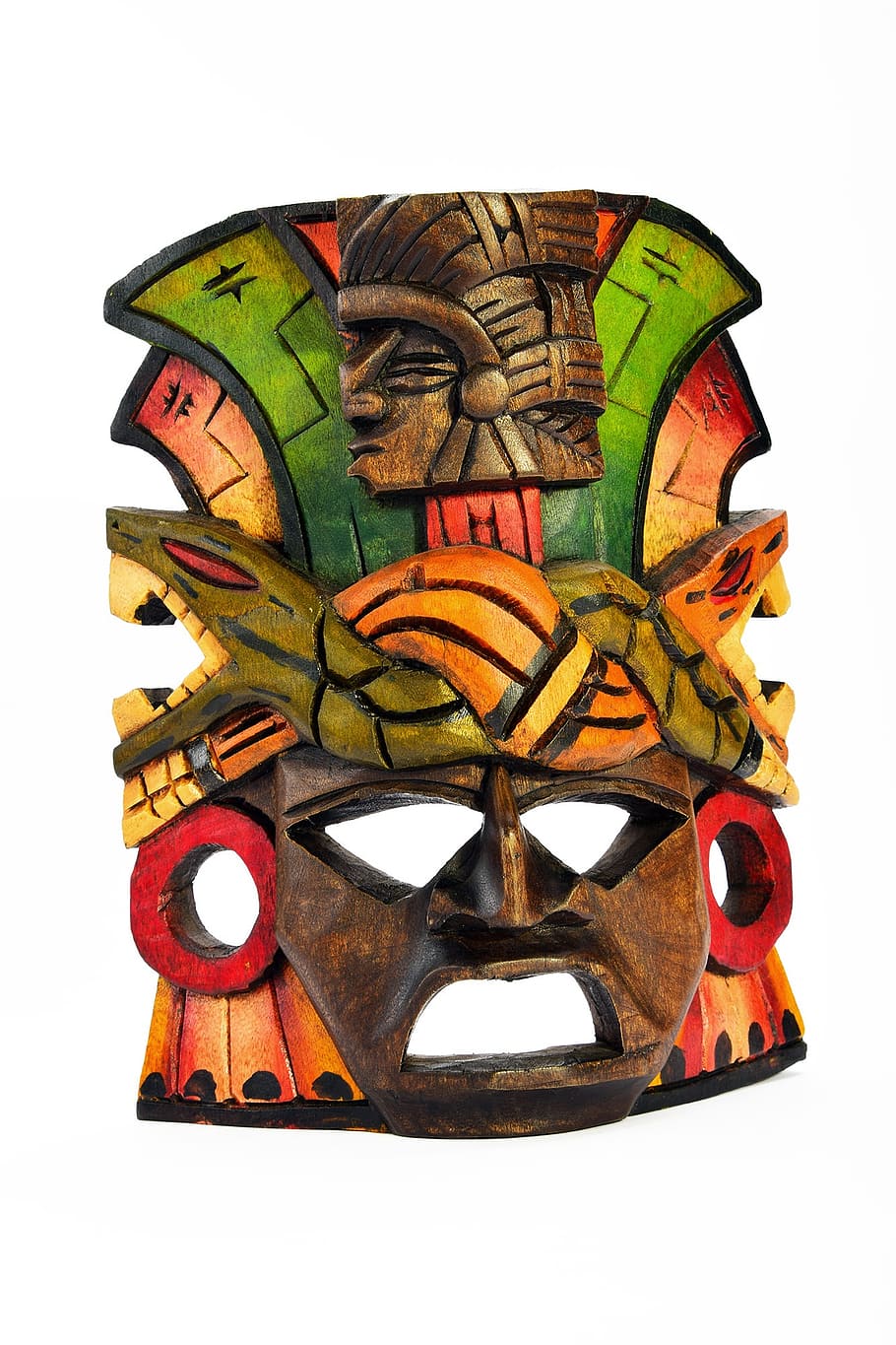 brown, orange, beige, wooden, table decor, mask, isolated, carved, painted, souvenir