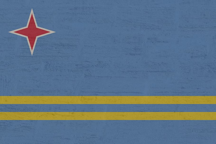 aruba, flag, blue, yellow, sign, red, symbol, road, transportation, striped
