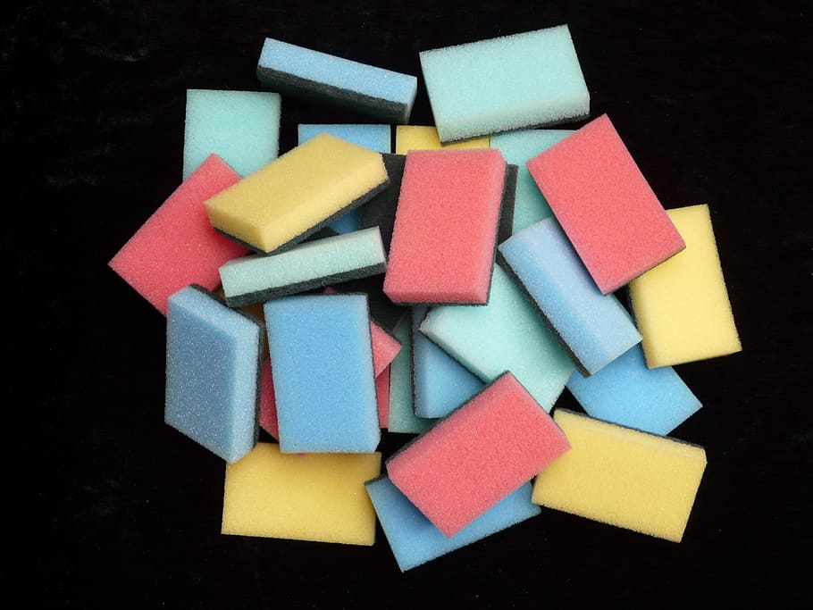 pile, sponges, placed, black, surface, sponge, clean, colorful, many, variety