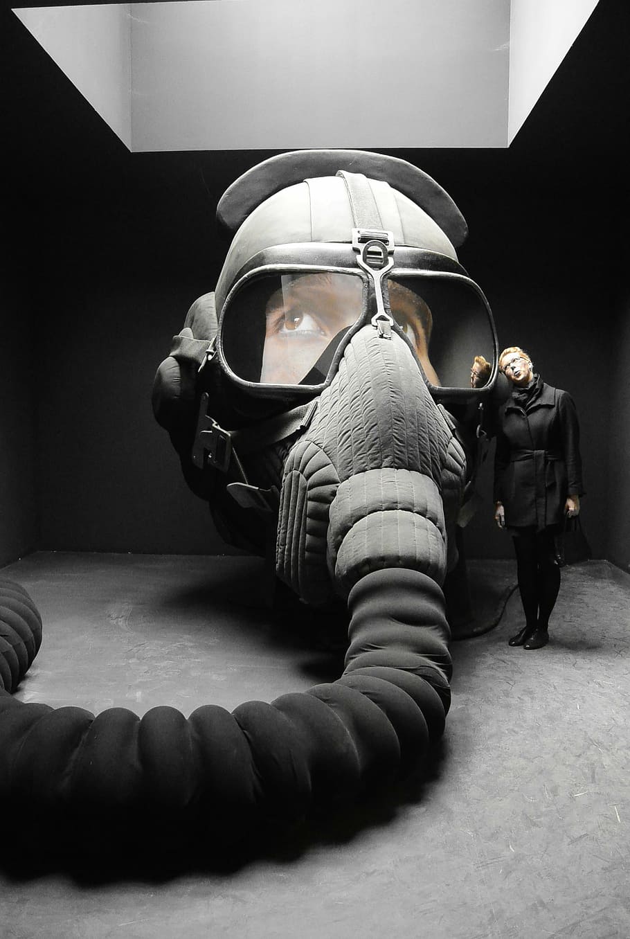 pessoa, vestindo, máscara de gás, defesa antiaérea, arte, bienal, instalação, folheto, máscara de ar, medo