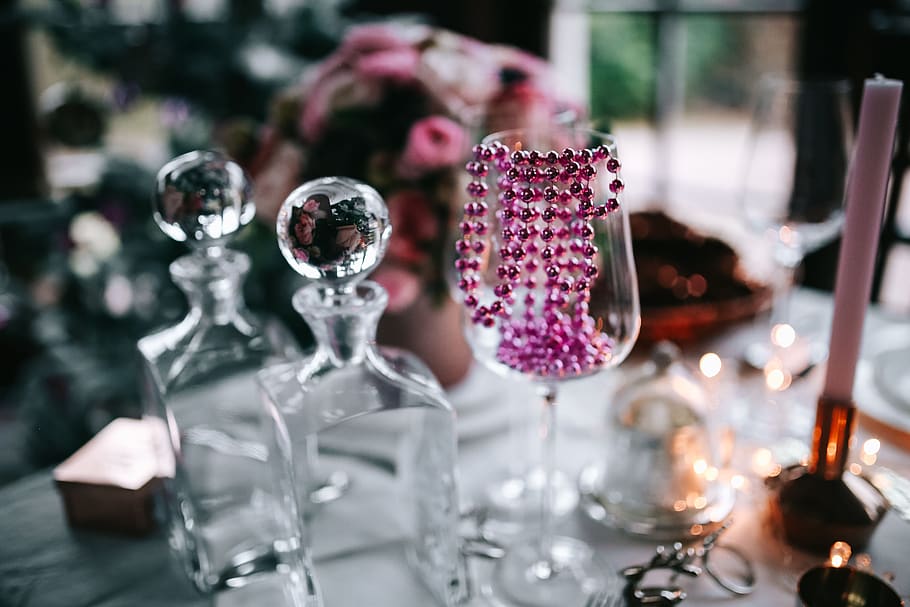 table, decorations, table set, pink, holiday, glamour, xmas, Christmas, focus on foreground, transparent