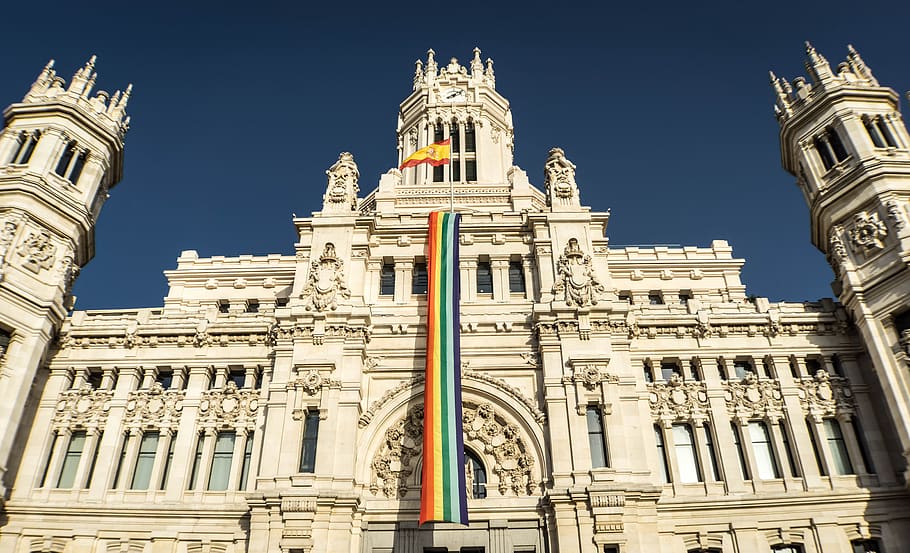 gay pride, gay, gay flag, rainbow flag, monument, madrid, architecture, spain, building, palace